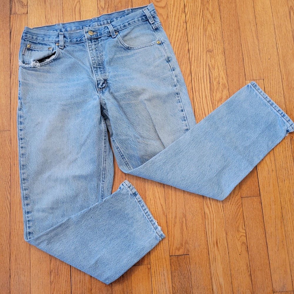 Carhartt Relaxed Fit Light Wash Denim Jeans 36x30 Distressed Pockets B17 STW